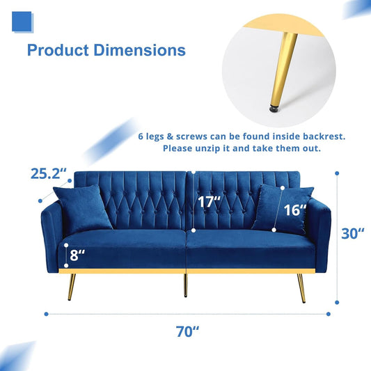 2 Pieces Velvet Futon Sofa Set with Adjustable Backrests and Armrests, 70” Convertible Sofa Bed & Tufted Accent Chair with Ottoman for Living Room, Blue-1
