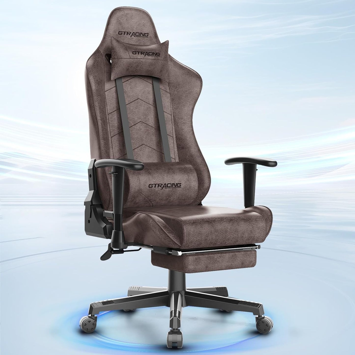 Gaming Chair with Footrest, Racing Style Computer Chair for Adult, Adjustable Reclining Backrest and Lumbar Support, Stylish High Back Chair for Gaming and Office (Brown)-0