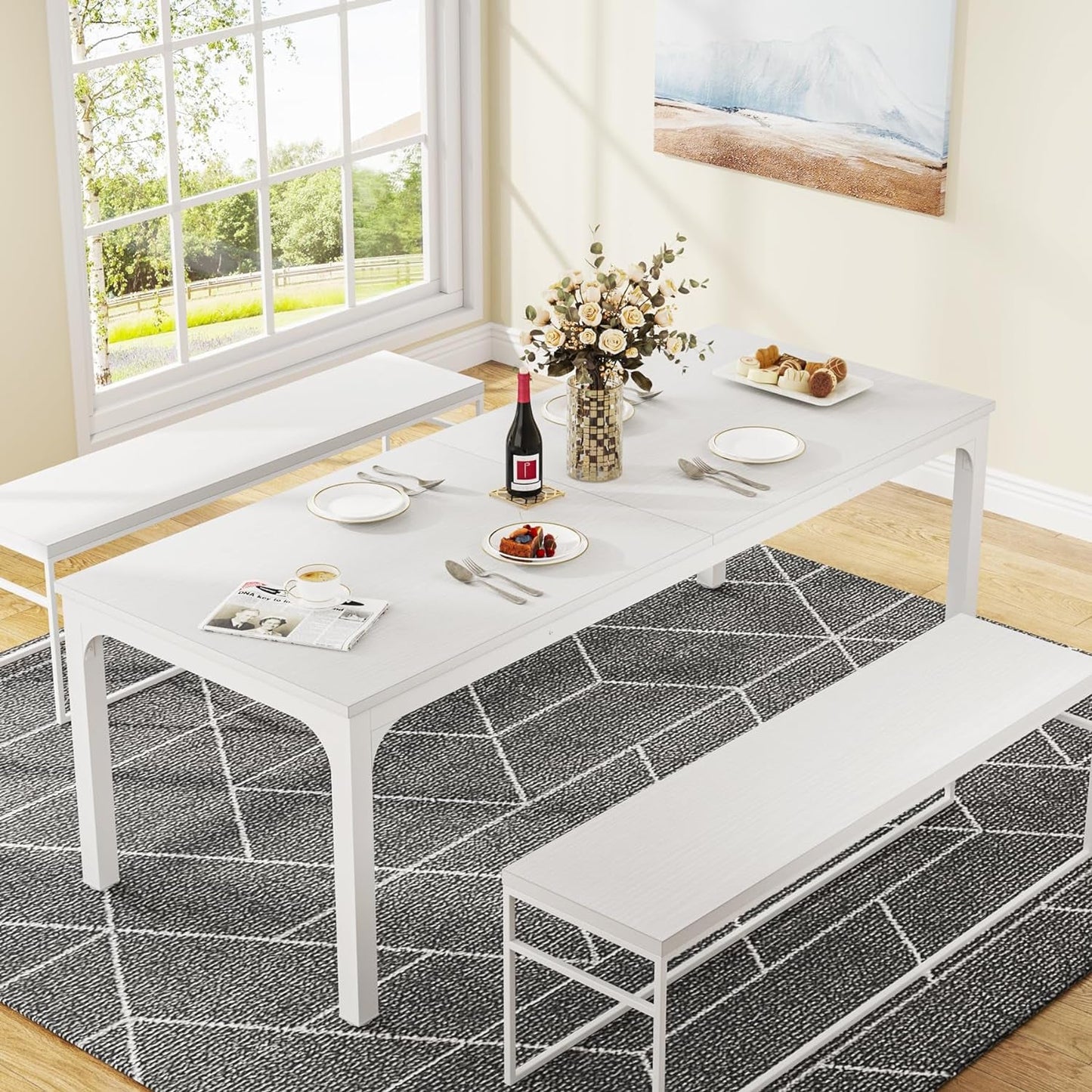 White Dining Table for 6-8 Person, 78-Inch Large Long Rectangle Kitchen Dinner Table for Dining Room, 78.7 X 27.5 X 29.5 Inches(Only Table)-3