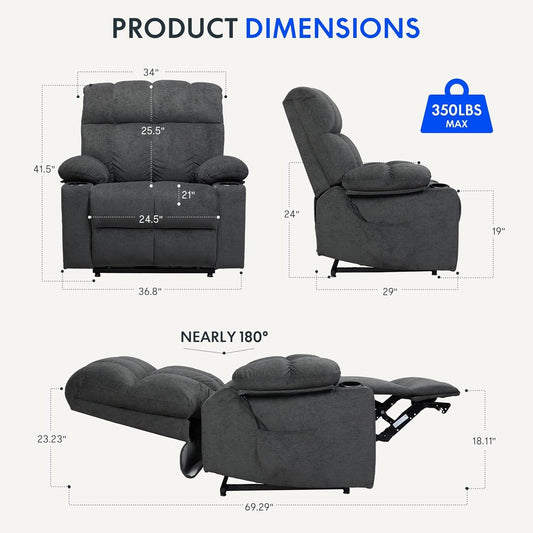 XL5 Dual OKIN Motor Power Lift Recliner Chair for Elderly, Electric Lay Flat Recliner W/Massage, Lumbar Heat, USB Port, Side Pockets, Recliner Sofa for Living Room Bedroom, Grey-1