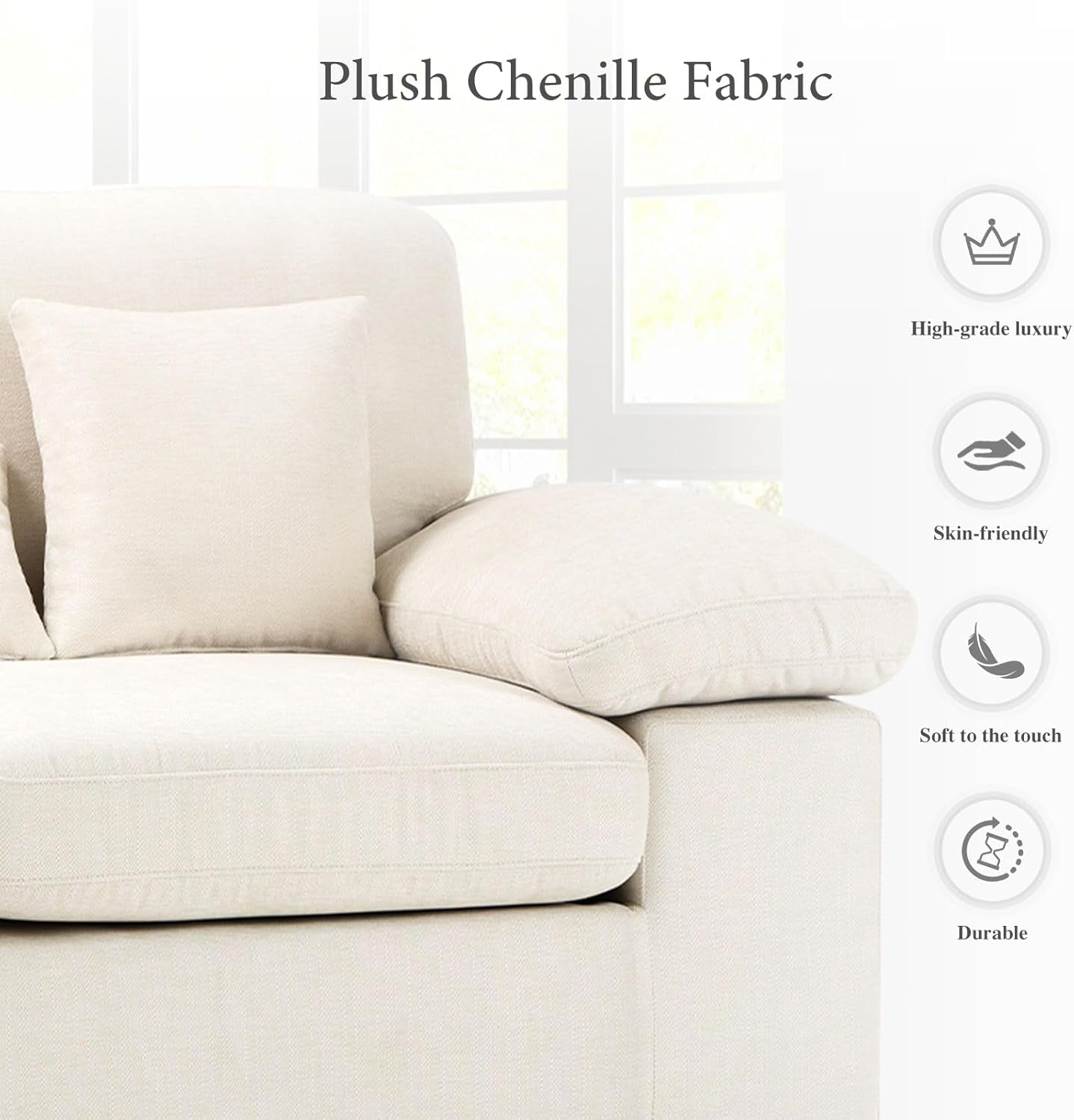 Living Room Loveseat Sofa Couch, 73" Love Seat Couch Sofa, Upholstered Chenille Living Room Sofa with Extra 3 Pillows, Removable Back Cushion-Beige-4