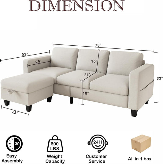 Couch for Living Room - Small Space Couches Sectional L-Shaped Sofa, 3 Seat Modern Couch, Sofas Convertible with Storage Ottoman for Small Space, Bedroom, Offices and Apartments - Beige-1