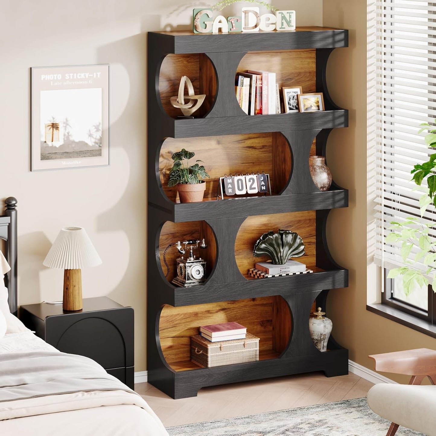 Black 4 Tier S-Shape Bookshelf Tall Modern-3