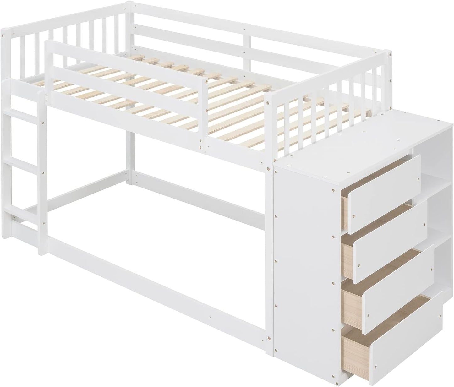 Bunk Bed Twin over Twin, Wood Floor Bunk Bed with Storage Drawers and Shelves, Low Bunk Bed Frame with Guardrails and Ladder for Kids Boys Girls Teens, No Box Spring Needed, Easy Assembly, White-4