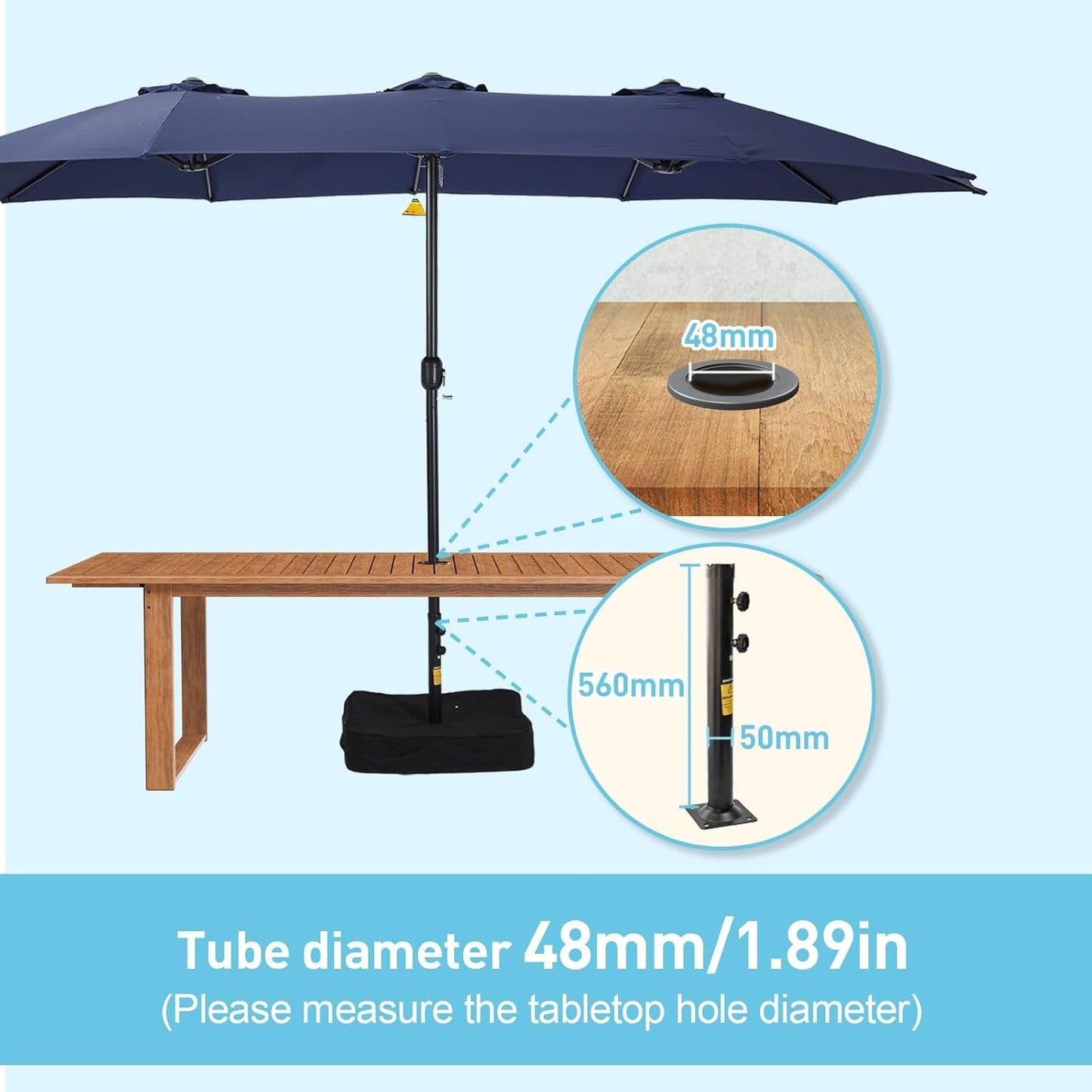 15ft Double Sided Patio Umbrella with Base Blue-3