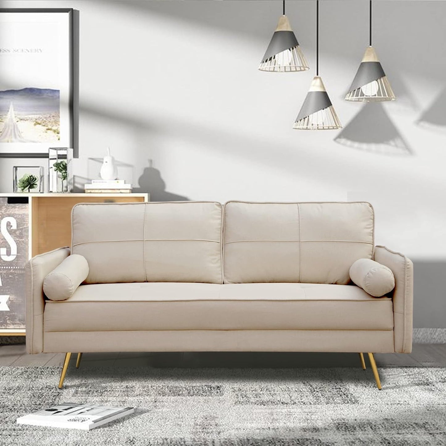 Modern Velvet Sofa Tufted Couch Upholstered Loveseat with Bolsters & Metal Legs for Living Room,Bedroom,Study,Playroom,Apartment,Dorm - Beige-4