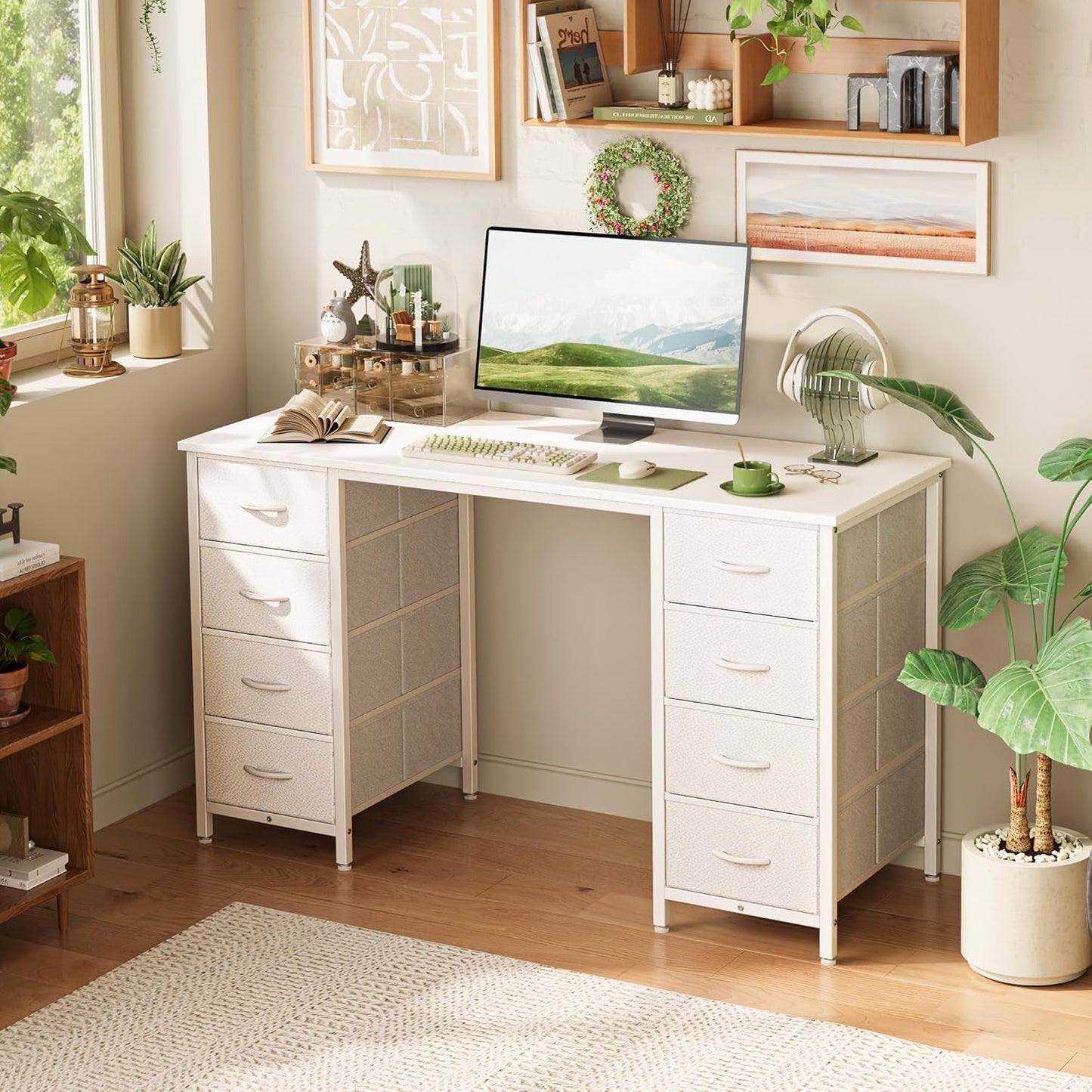 47 Inch Vanity Desk with 8 Drawers, White Desk, Makeup Desk with Large Storage, Fabric Drawers, Wooden Desktop, Computer Desk Work Desk, for Home Office, Bedroom-3