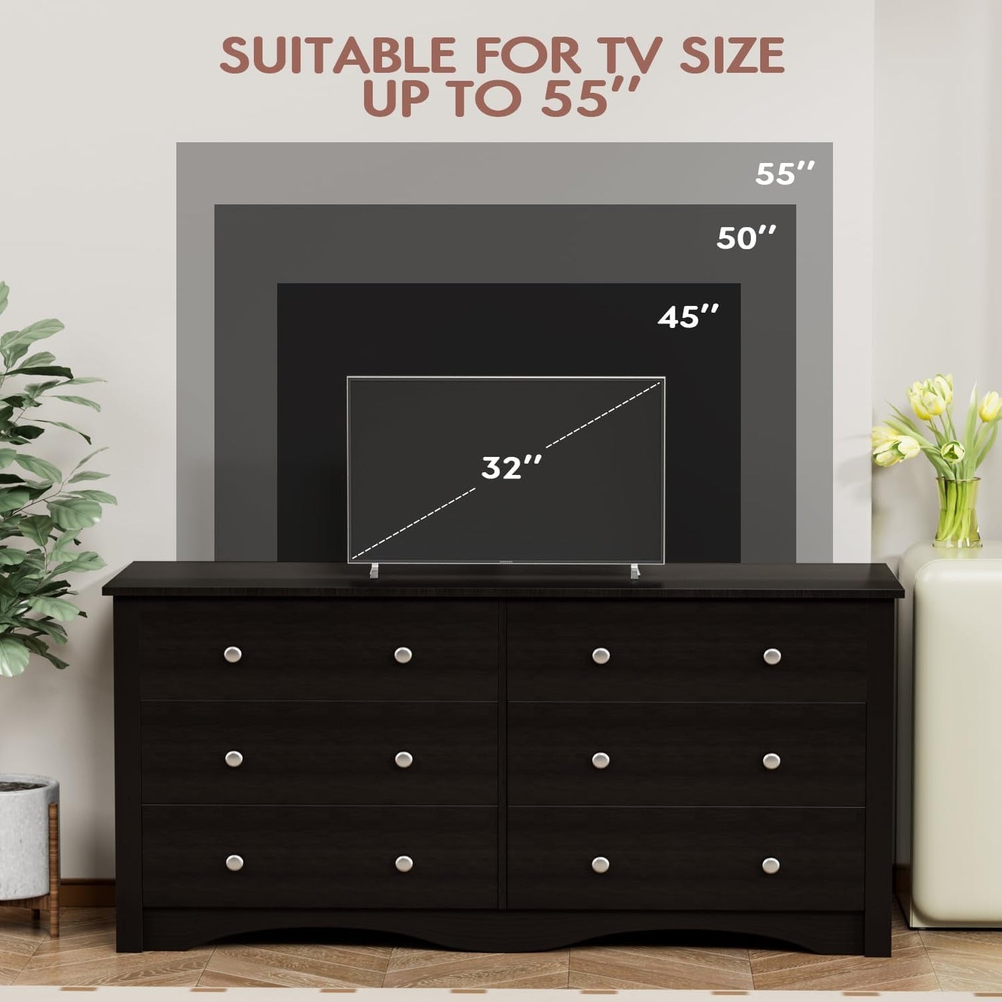Dresser with 6 Drawer, Wood Wide Chest Storage Organizer and TV Stand for Living Room, Hallway, Dormitory, Brown-2
