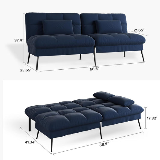 Convertible Futon Sofa Bed, 68″Fabric Futon Couch with Adjustable Backrest, Folding Futon Sleeper Recliner for Living Room Furniture (Drak Blue)-1