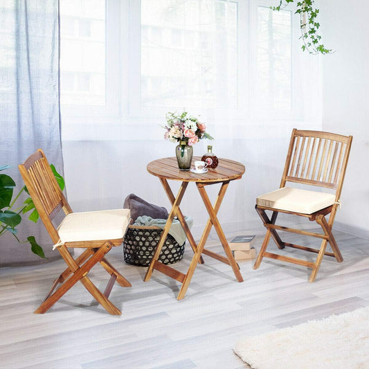 3 PCS Patio Folding Bistro Set, Outdoor Acacia Wood Chair and Table Set W/Padded Cushion& round Coffee Table, Ideal for Indoor Patio Poolside Garden (Cream)-1