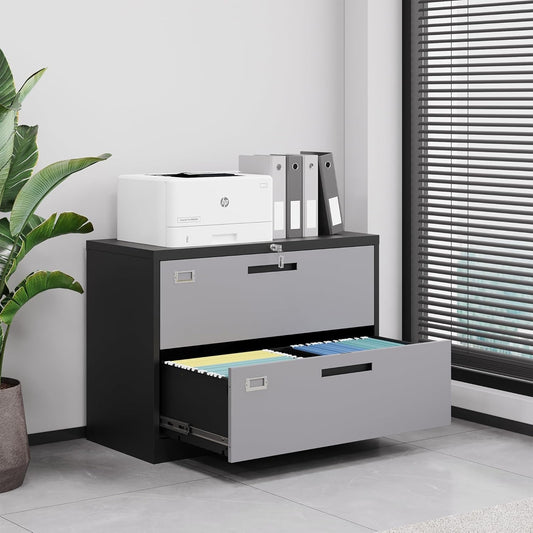 File Cabinet with Lock-Lateral 2 Drawer Metal Filing Cabinets-Organization Storage Cabinets for Home Office-Hanging Letter/Legal/F4/A4 Size (2 Drawer-Grey Black)-1