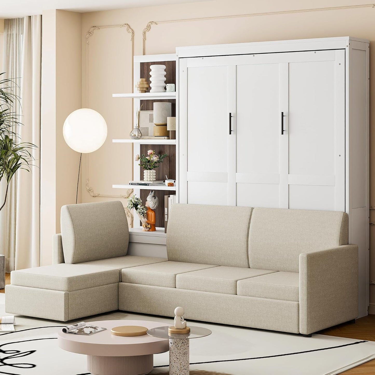 Queen Size Murphy Bed with Sofa and Shelves Gray-5