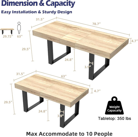 63”-79” Extendable Dining Room Table, Modern Farmhouse Wooden Kitchen Table, Long Expandable Dining Table for 6 8 10, Large Expanding Table Conference Table (Rustic Oak)-1
