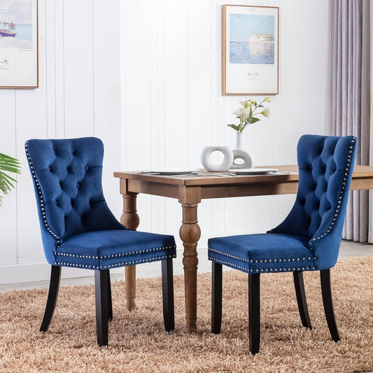 Tufted Dining Chairs Set of 4, Velvet Upholstered Dining Chairs with Nailhead Back and Ring Pull Trim, Solid Wood Dining Chairs for Kitchen/Bedroom/Dining Room (Blue)-1