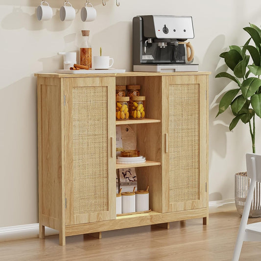 Storage Cabinet, Rattan Cabinet with 4 Adjustable Shelves, Coffee Bar Cabinet, Sideboard Buffet Cabinet for Kitchen, Living Room, Entryway, Natural-1