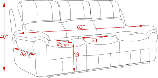 3-Seat Reclining Sofa, Tufted Power Reclining Sofa Couch with Drop down Table, PU Leather Reclining Sofa, Power Recliner for Living Room, Home Theater, Genuine Leather (Light Grey-Blue)-1