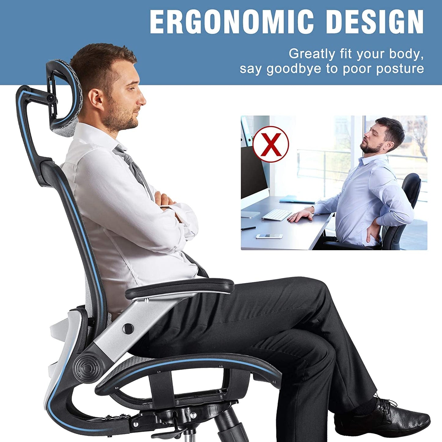 Adjustable High-Back Mesh Office Chair, Grey-1