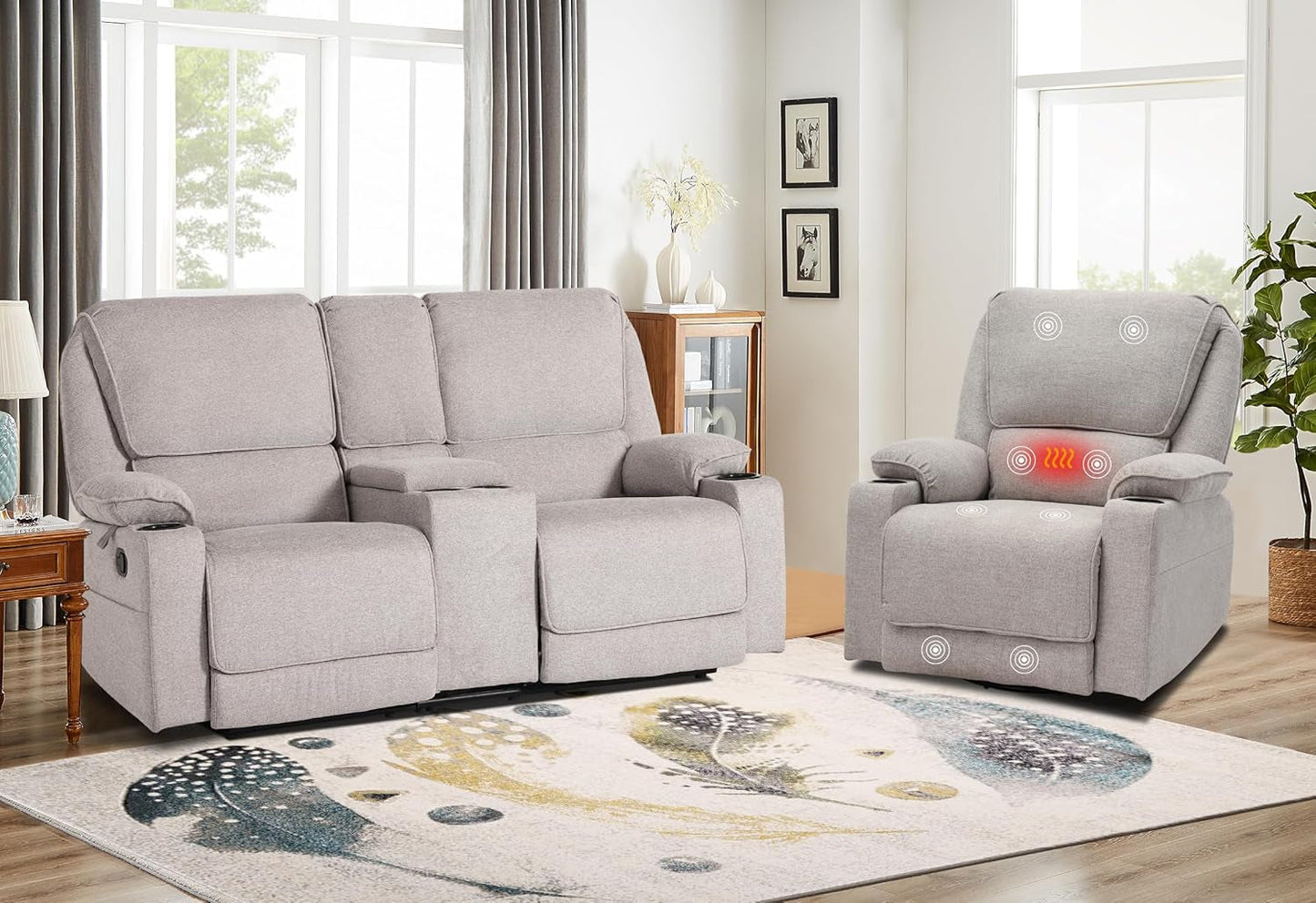 Reclining Living Room Set, 2-Piece Recliner Furniture Sofa, Loveseat Recliner and Swivel Recliner Chair with Cup Houlders for Living Room,Light Grey-0