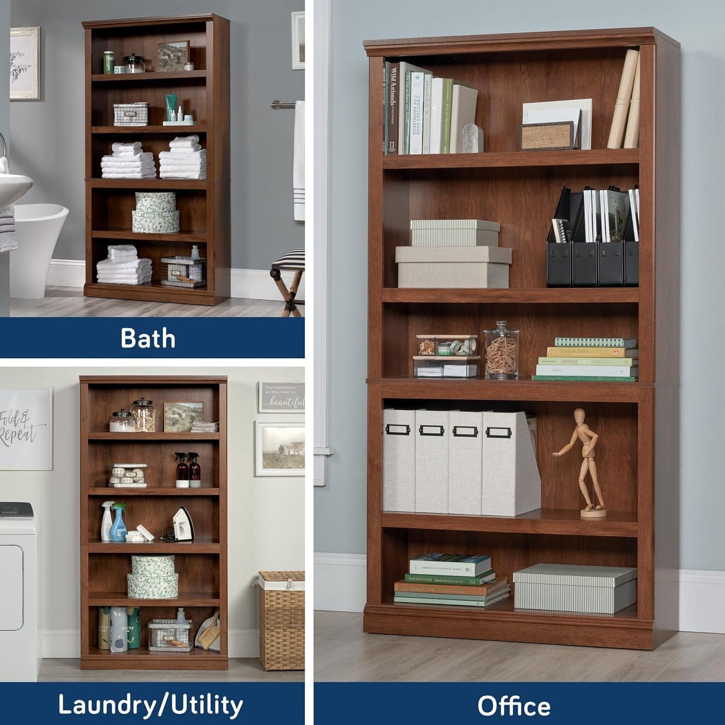 Miscellaneous Storage 5 Split Bookcase/Book Shelf, L: 35.28" X W: 13.23" X H: 69.76", Oiled Oak Finish-4