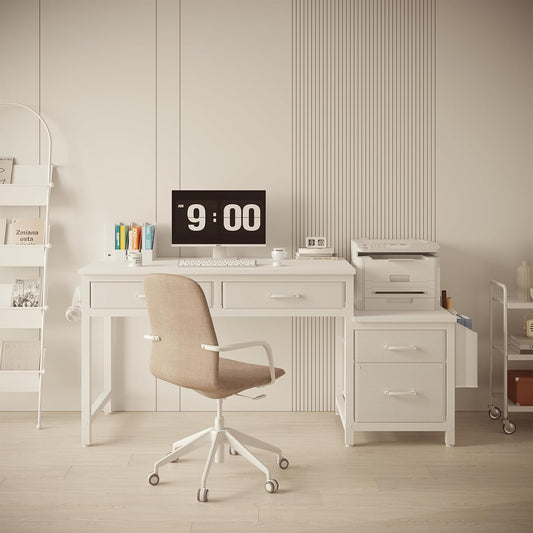 White Computer Desk with Fabric File Drawers Cabinet, 57 Inch Home Office Desks with Reversible Filing Cabinet Printer Stand for Small Space, Study Writing Table PC Vanity Desks, White-1