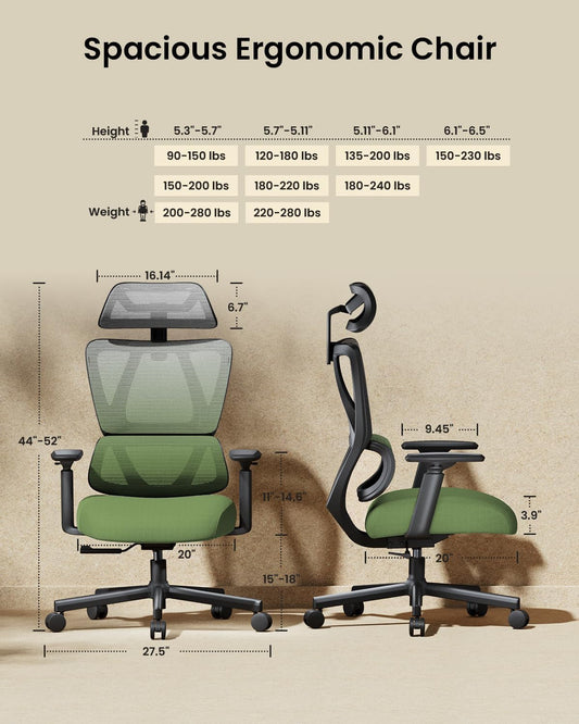 Ergonomic Office Chair with Adaptive Lumbar Support, Wintex Breathable Mesh Computer Chair with Headrest and Spring Cushion for Home Office, Desk Chair with Wheels EC100 (Green)-1