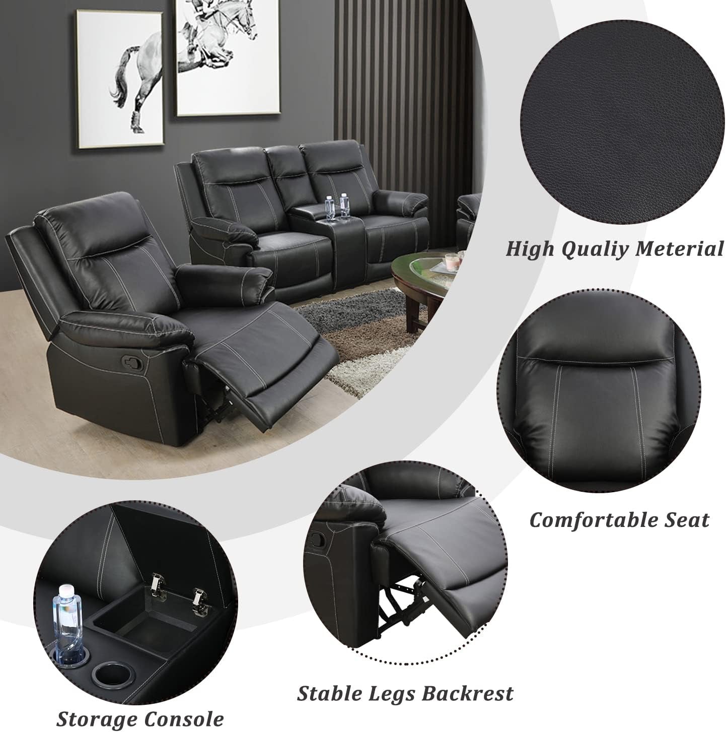 Manual Recliner Sofa Set, Bonded Leather Sofa with Recliners, Reclining Couch Set with Storage Console and Cup-Holders for Living Room/House/Bedroom/Office/Apartment (Black / 3 Pieces Set)-2