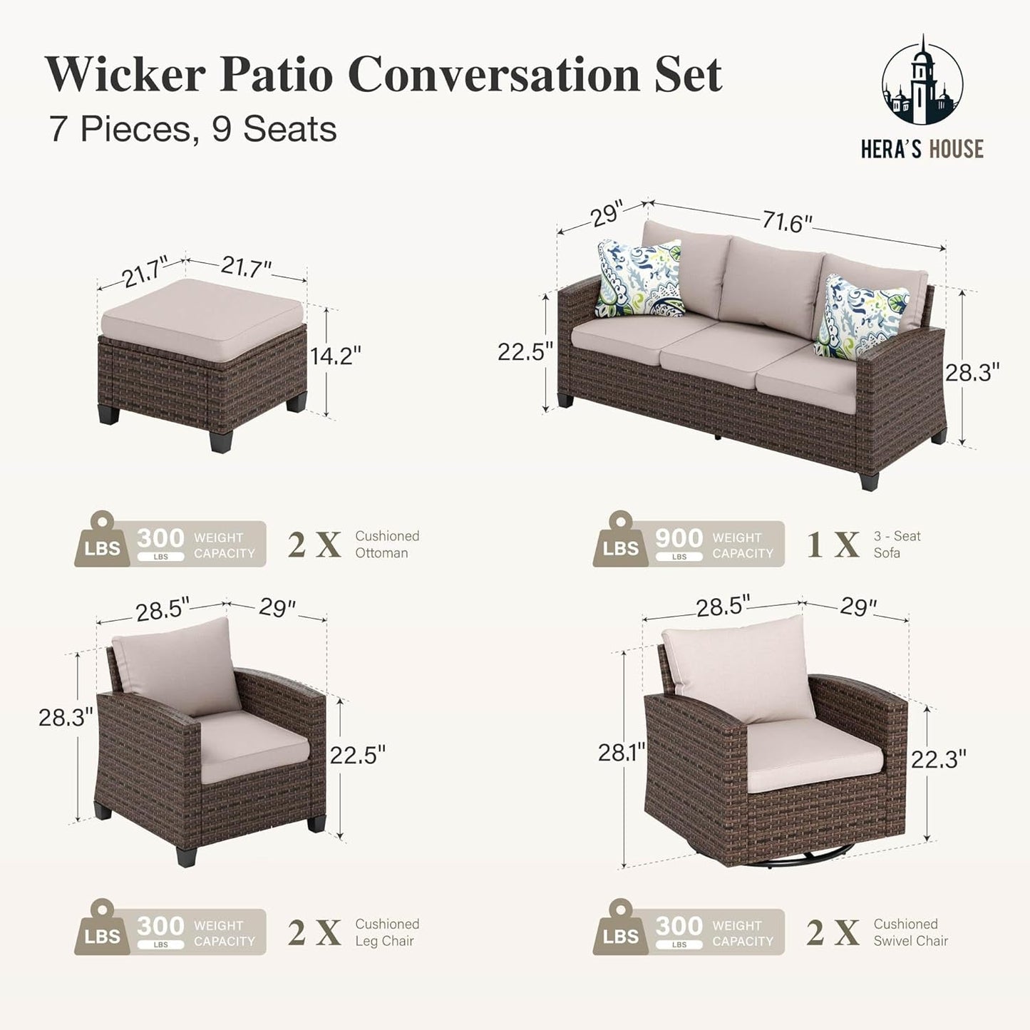 Patio Furniture Set with 56" Fire Pit Table, Swivel Rocker Chairs with Ottoman, Outdoor Wicker Conversation Set for Lawn Garden Deck Backyard, Beige-1