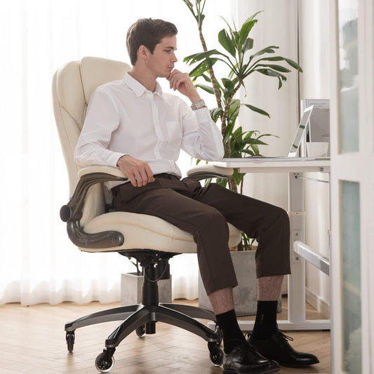 Executive Office Chair-Ergonomic Computer Desk Chair with Upgraded Caster for Swivel, High Back Office Chair with Padded Flip-Up Arms, Stylish Leather Chair Thicken Seat for Comfort (Ivory, 300Lbs)-1