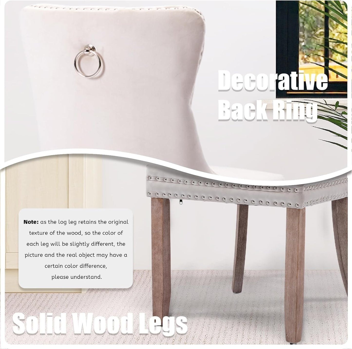 Velvet Dining Chairs Set of 6, Tall Back Side Chair, Modern Upholstered High-End Tufted Side Chair with Button Back Ring, Solid Wood Legs (Beige)-4