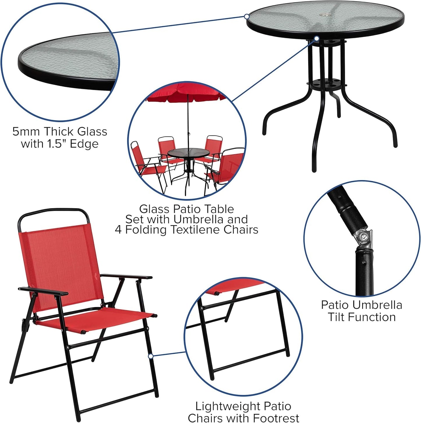 Nantucket 6 Piece Red Patio Garden Set with Table, Umbrella and 4 Folding Chairs-2
