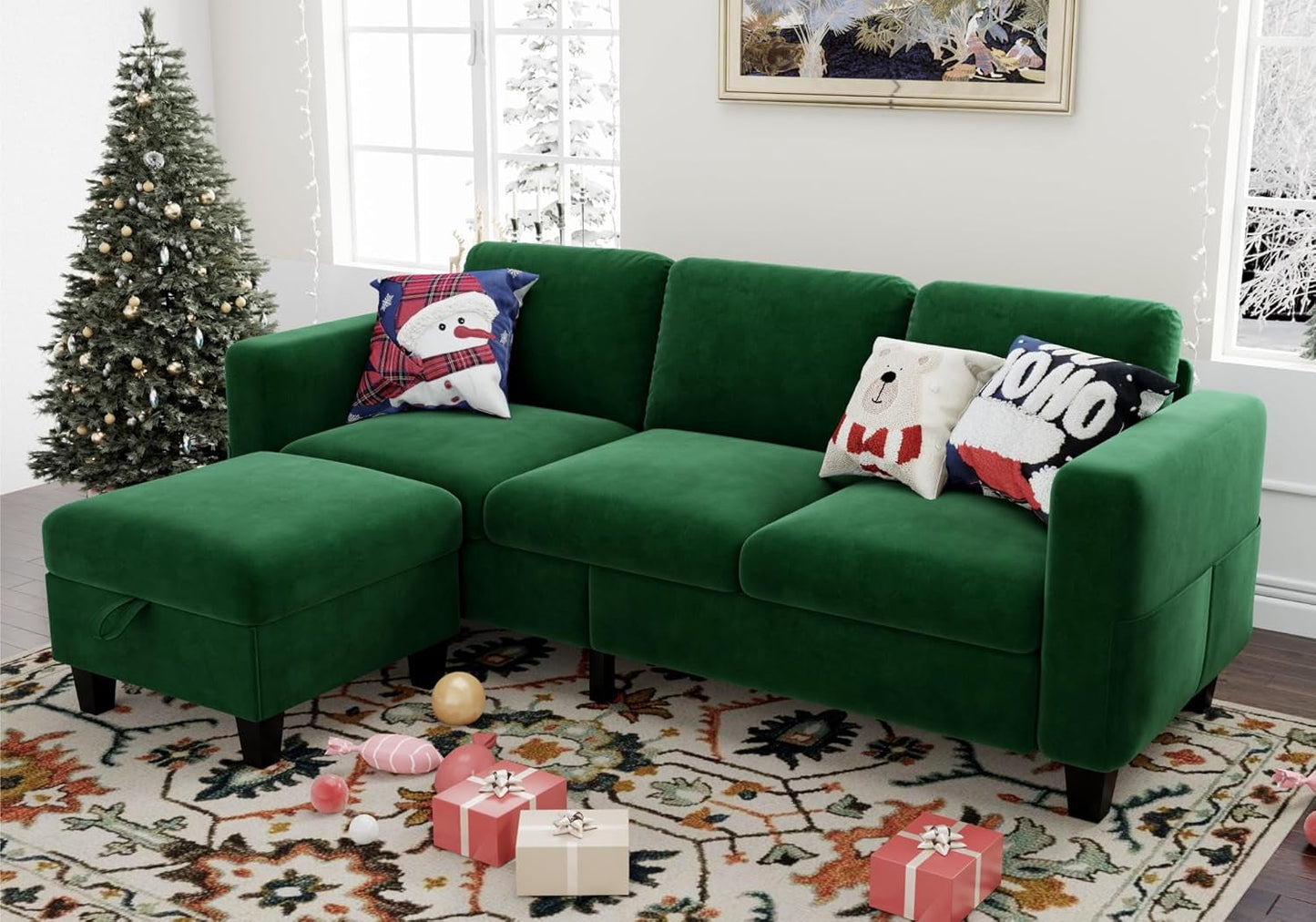 Sectional L-Shaped Sofa Couch, 78'' Modern Linen 3 Seat Couch with Storage Ottoman, Convertible Sectionals Sofas Chaise, Small Space Couches for Living Room, Bedroom, Apartment and Office (Green)-0