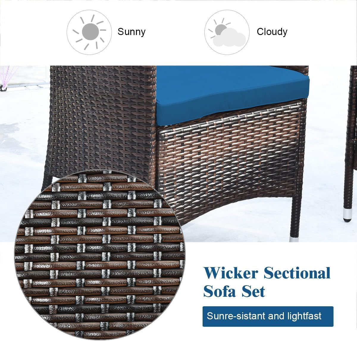 4 Piece Rattan Patio Furniture Set, Sectional Sofa Chair, Wicker Set with Tempered Glass Coffee Table & Thick Cushions, Wicker Patio Set for Garden, Lawn, Poolside, Backyard (Peacock Blue)-3