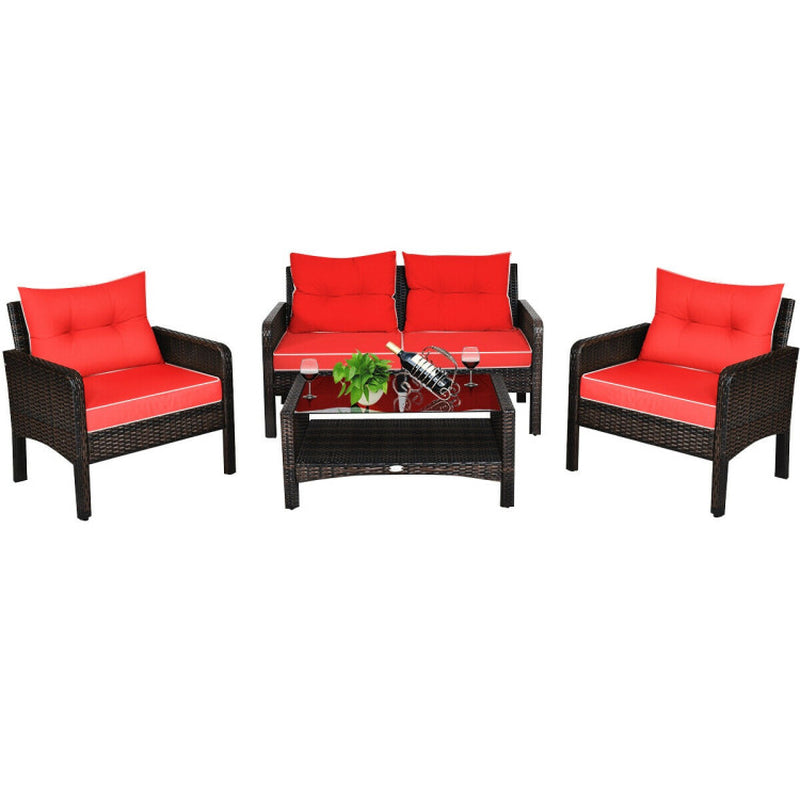 4 Pieces Patio Rattan Sofa Set Free-Combination with Cushion and Coffee Table-2