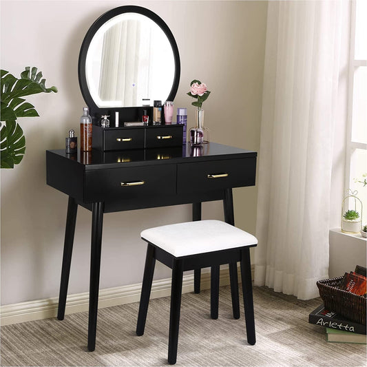 Lighted Makeup Vanity Desk with Cushioned Stool-1