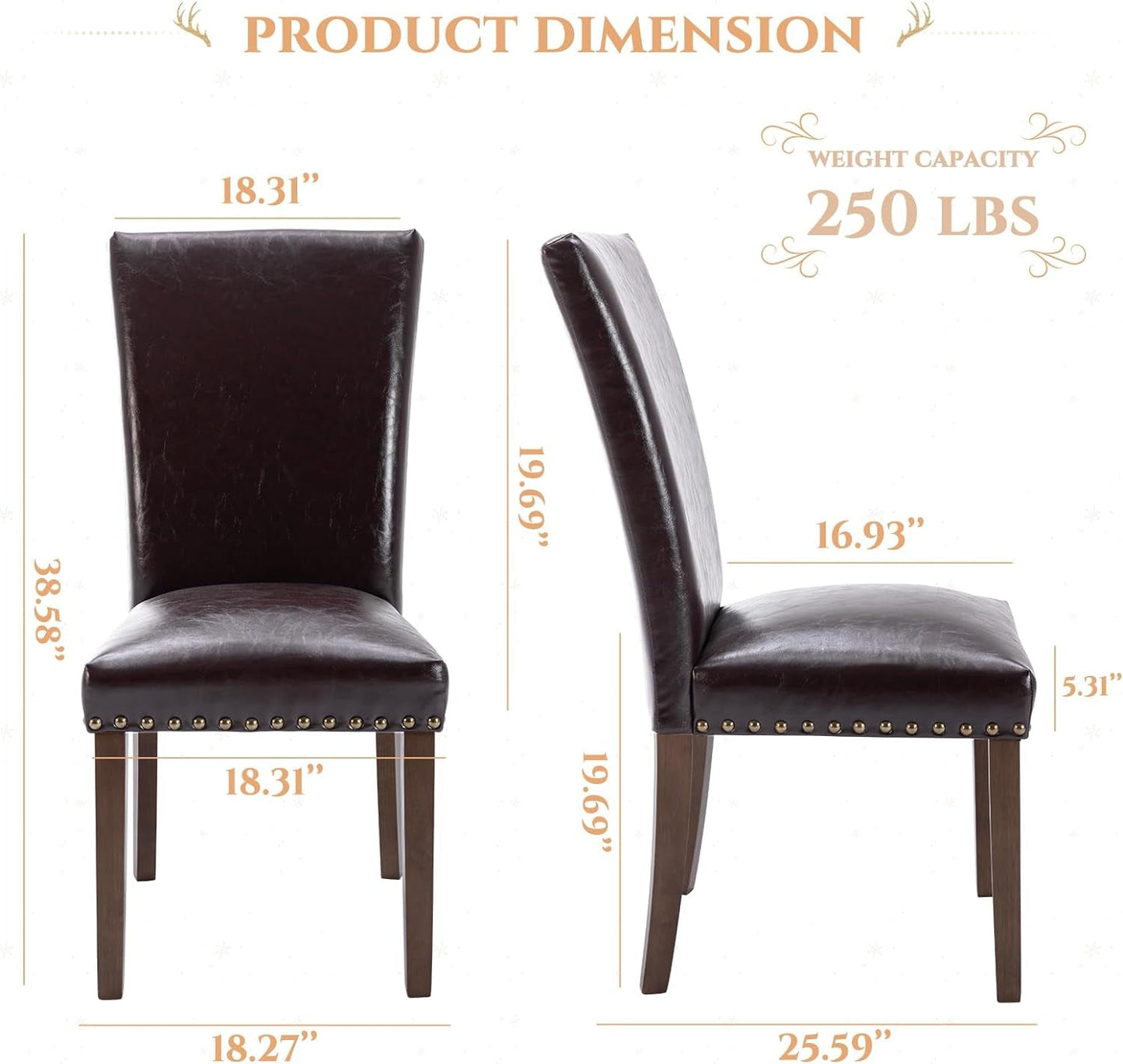 Parsons Dining Chairs Set of 4, Upholstered Nailhead PU Leather Dining Room Kitchen Side Chair with Thick Cushions and Wood Legs, Dark Brown-1