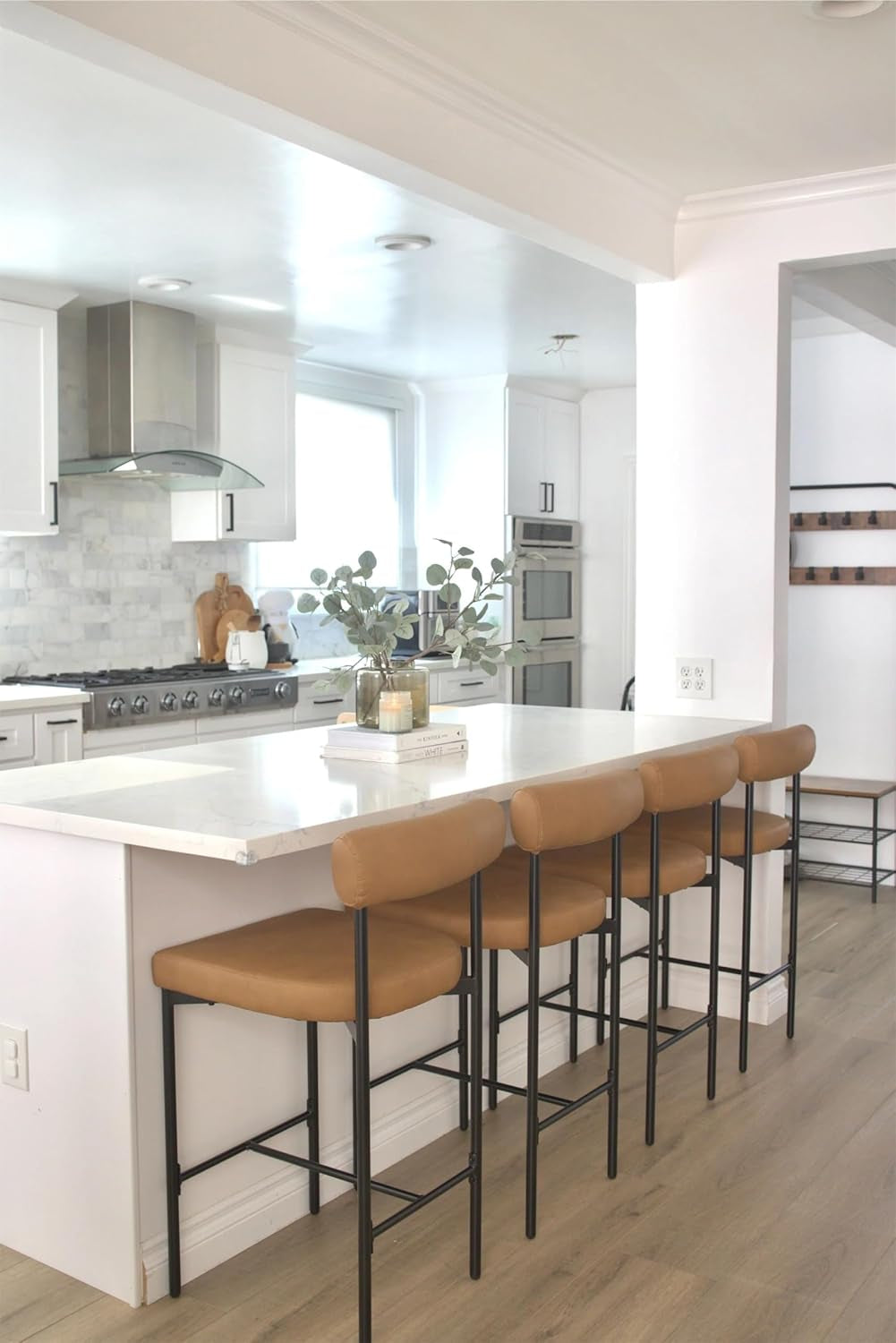 Dahlia Counter Height Chair, Modern Barstool with Back, Mid-Century Metal Legs and Leather Padded Cushion for Kitchen, Island and Bars, Brown/Black-4