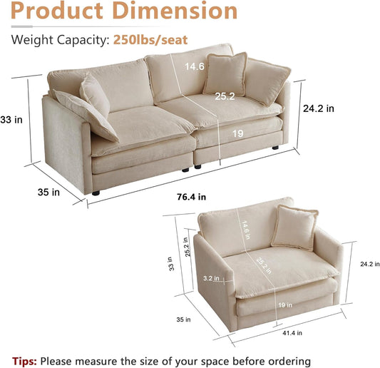 Luxury 2 Piece Loveseat Couch & Sofa Armchair Set, Modern Upholstered Chenille Cloud Couches Set Furniture with 5 Pillow for Living Room Bedroom Office Apartment, Light Coffee-1