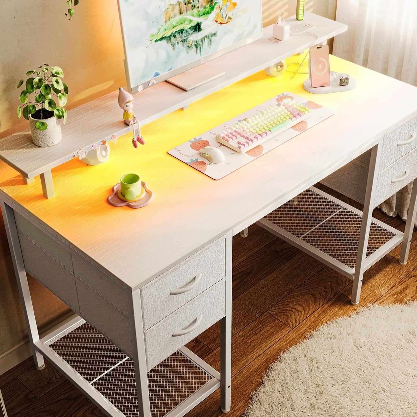 47 Inch Computer Desk with 4 Drawers, Gaming Desk with LED Lights & Power Outlets, Home Office Desk with Large Storage Space for Bedroom, Work from Home, White-0