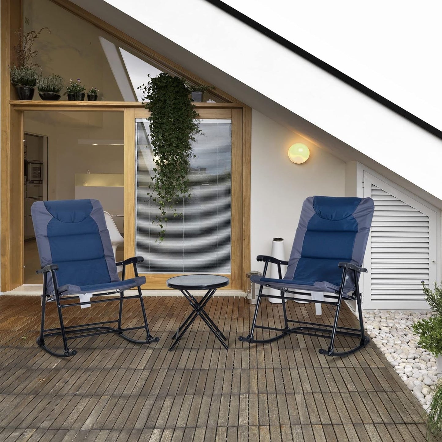 3 Piece Outdoor Patio Furniture Set with Glass Coffee Table & 2 Folding Padded Rocking Chairs, Bistro Style for Porch, Camping, Balcony, Navy Blue-1