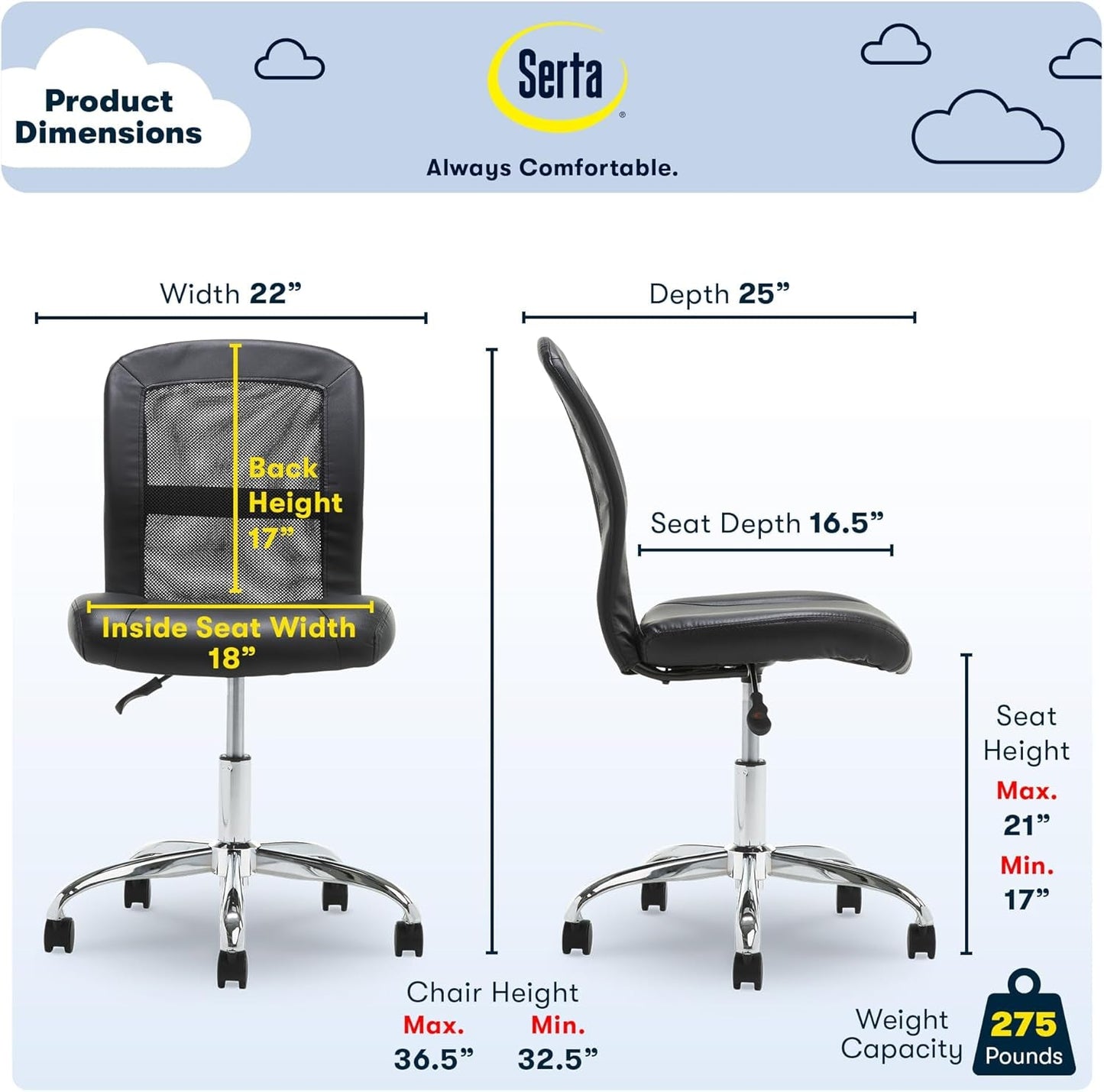 Essential Armless Deskchair, Small Task Chair with Wheels, Breathable Mesh Back, quality Foam Cushion Seat for Comfort, Functional, Lightweight and Versatile, Black-2