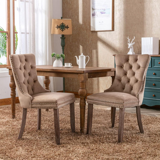 Velvet Dining Chairs Set of 4, Tufted Upholstered Dining Chairs with Nailhead Back and Ring Pull Trim, Solid Wood Dining Chairs for Kitchen/Bedroom/Dining Room (Khaki)-1