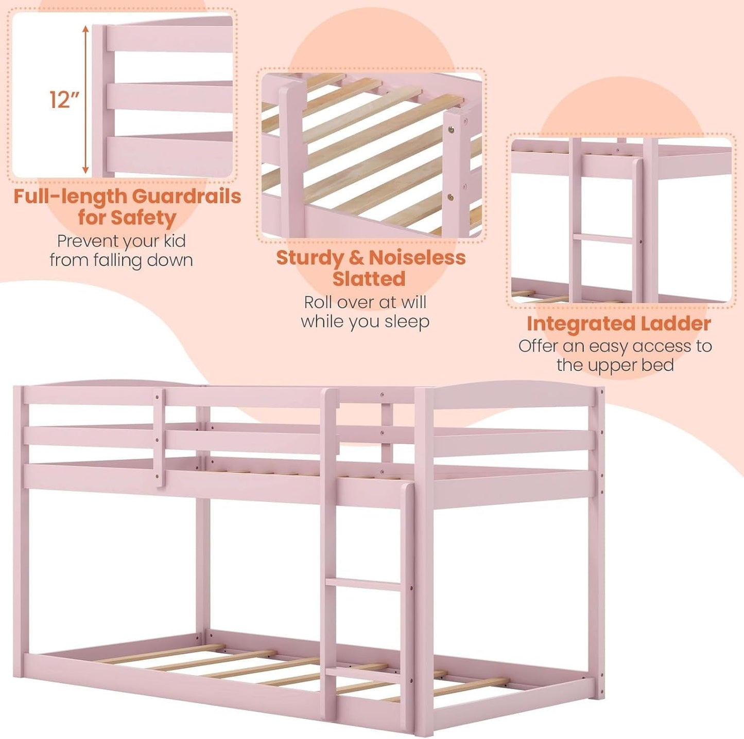 Low Bunk Bed, Solid Wood Bunk Beds Twin over Twin with Ladder, Space Saving Bunkbeds Frame W/Full Guardrails, Twin Floor Bunk Beds for Kids Boys Girls Teens, No Box Spring Needed (Pink)-4