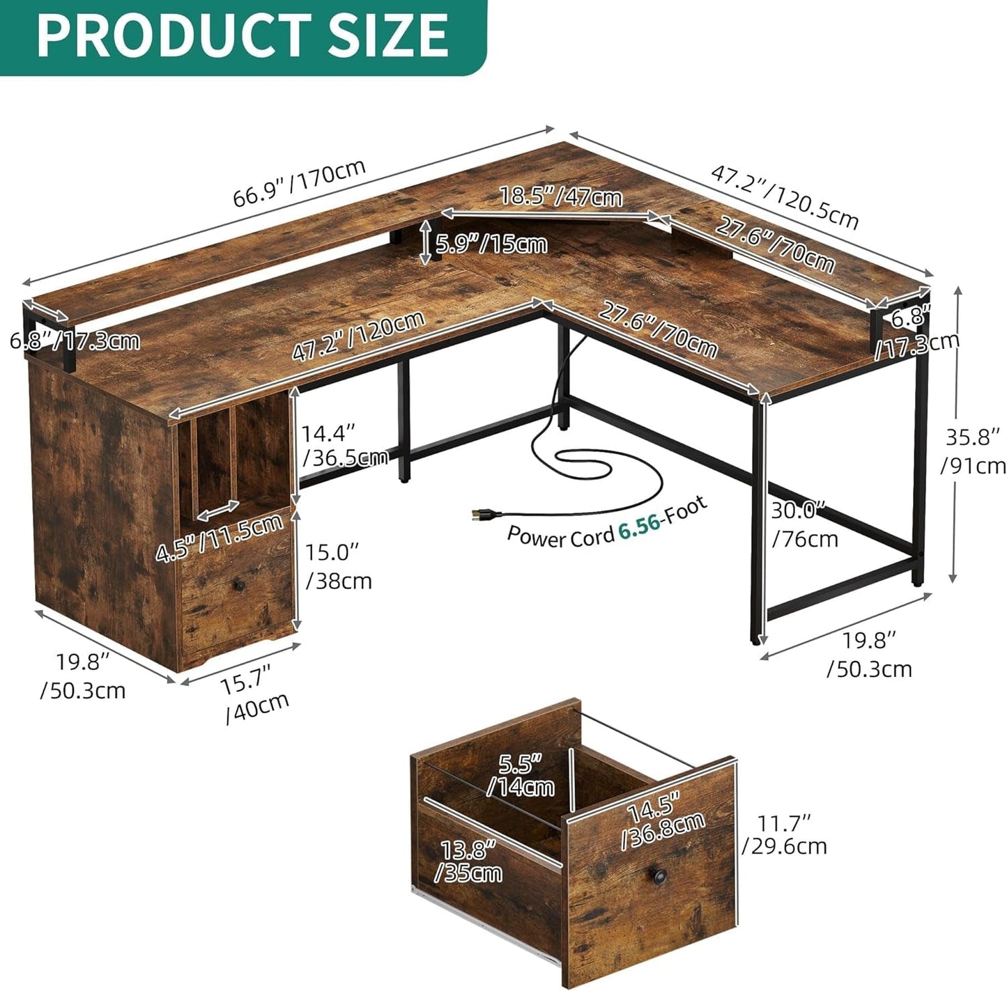 L Shaped Desk with Power Outlets & LED Lights, 67" Computer Desk with File Drawer, Corner Desk Home Office Desk with Monitor Stand & 3 Cubbies Storage Shelves, Rustic Brown-2