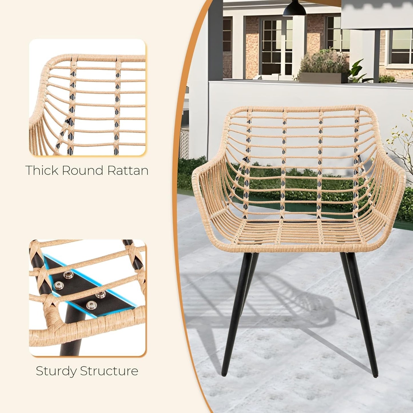 5 Piece Patio Bistro Set with Ottoman, Outdoor Wicker Apartment Balcony Furniture Sets, Rattan Table and Chairs Set of 2 for Porch Backyard Lawn Poolside Deck (Yellow/Beige)-2