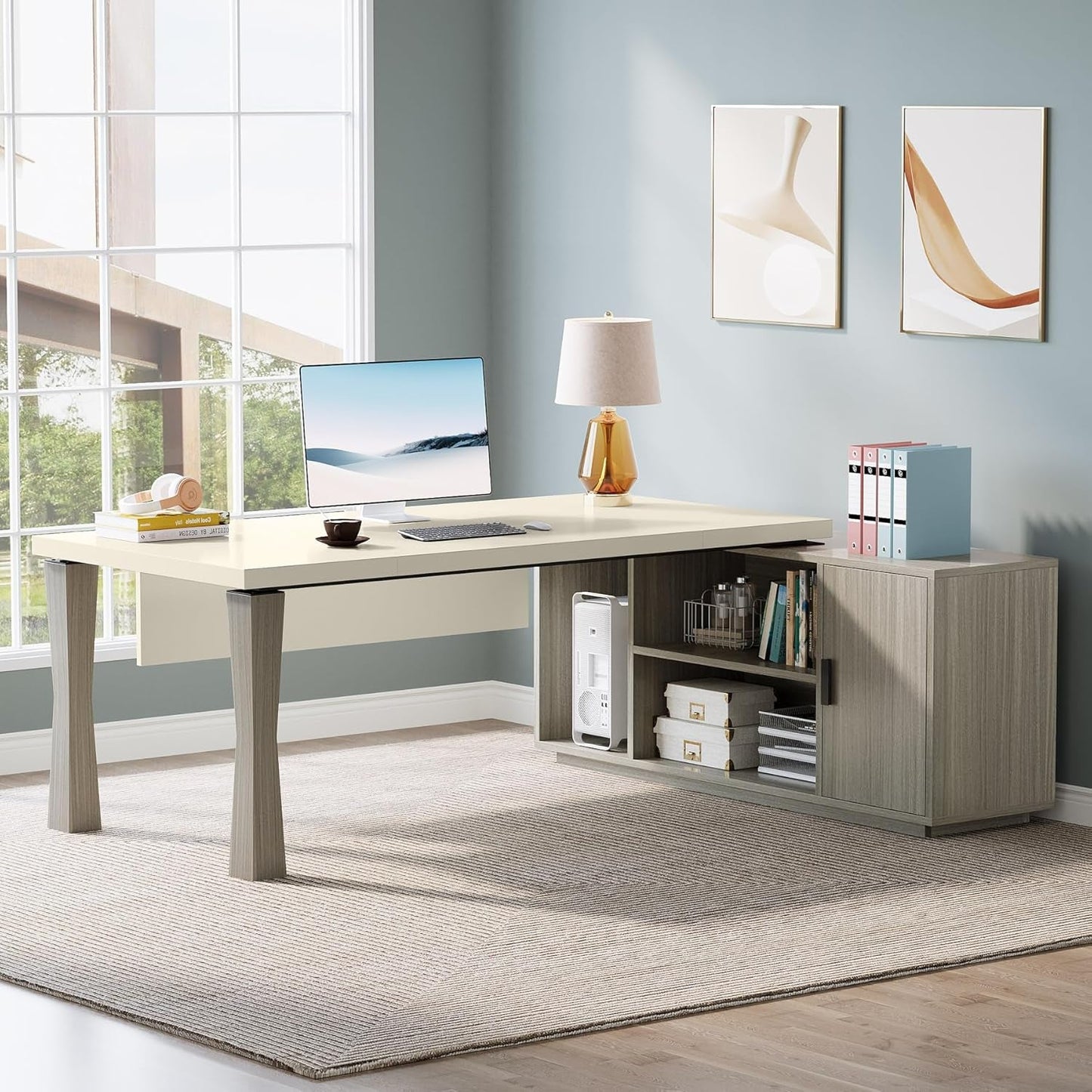 78.7-Inch Executive Desk, L-Shaped Desk with Cabinet, Large Office Desk with Storage Shelves, Writing Table Desk Business Furniture Set for Home Office, Gray and Cream White-3