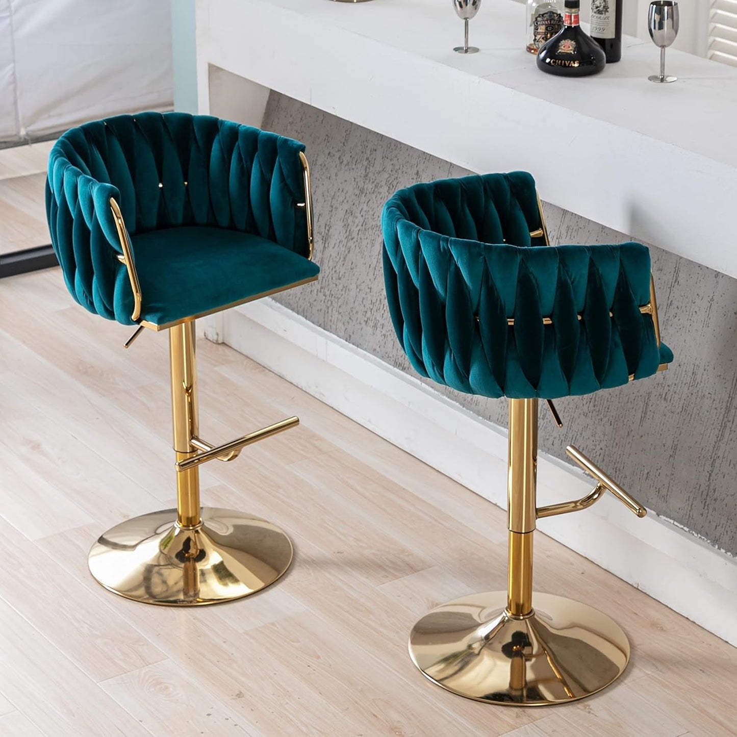 Modern Swivel Bar Stools Set of 2, Velvet Adjustable Height Barstool with Barrel Back Kitchen Island Counter Bar Chair with Golden Base, Teal Green-3