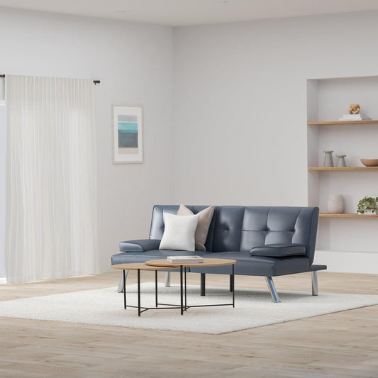 Faux Leather Upholstered Modern Convertible Futon, Adjustable Folding Sofa Bed, Guest Bed W/Removable Armrests - Blue-1