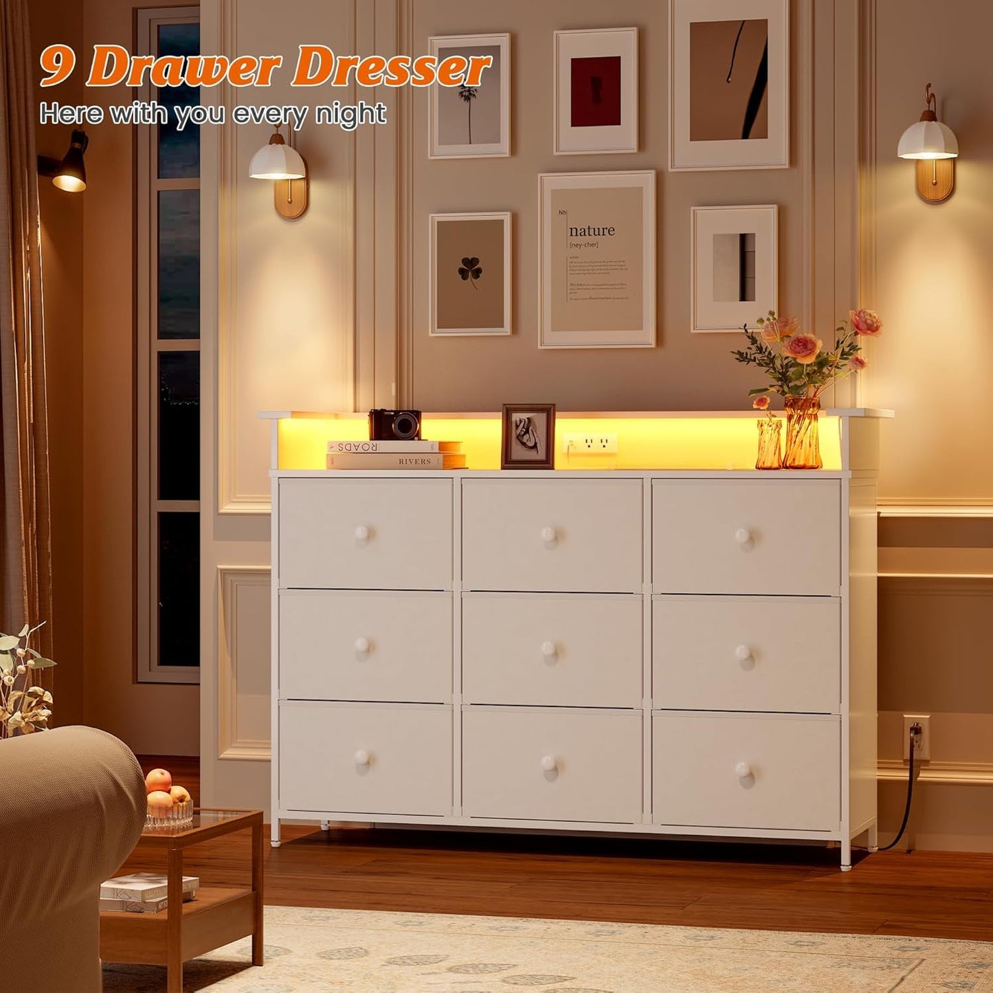 Dresser for Bedroom with 9 Drawer,White Dresser with LED Light,Tv Stand for Bedroom with Charging Station,Chests of Drawers for Bedroom Hallway,Closet (White)-2