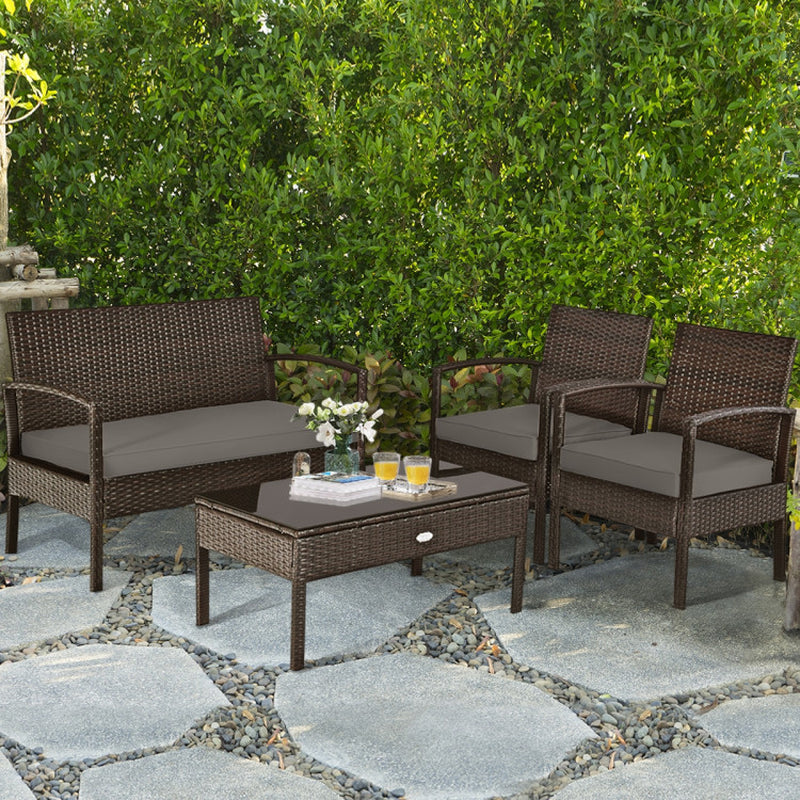 4 Pieces Patio Rattan Cushioned Furniture Set with Loveseat and Table-4
