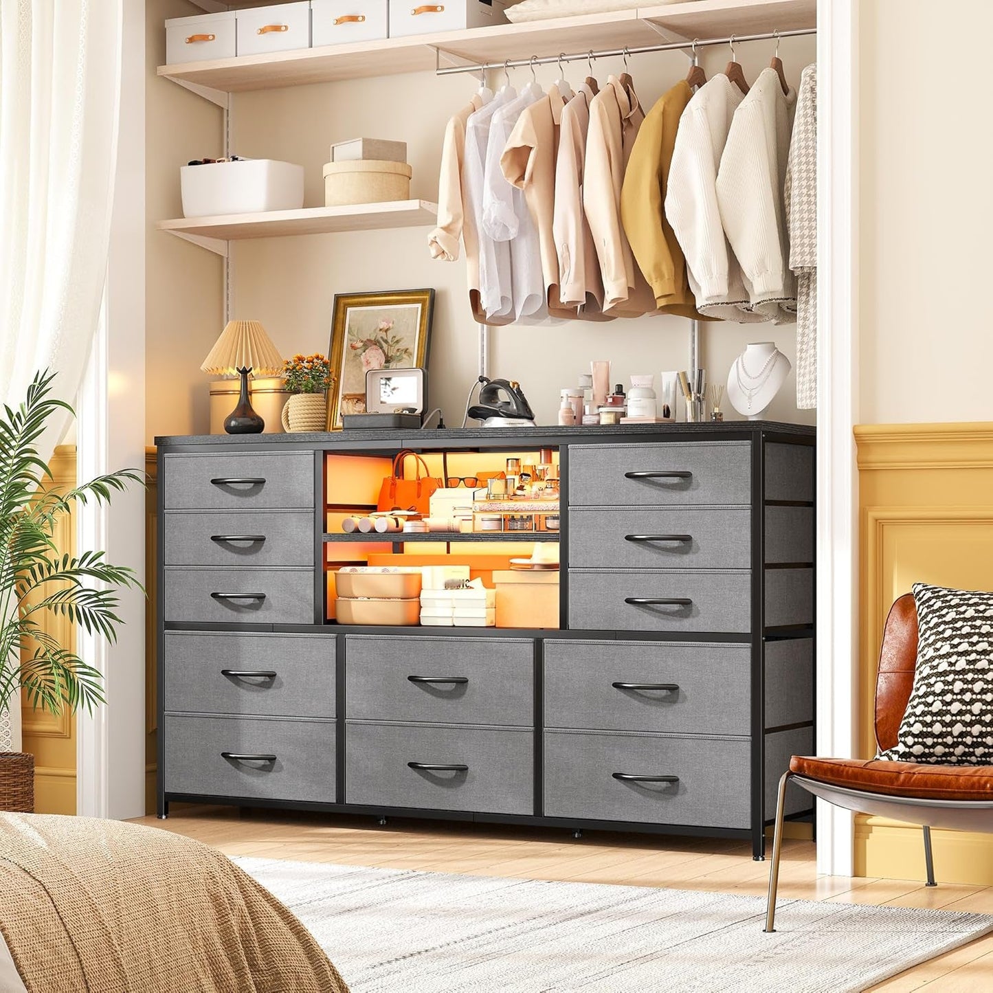 12 Drawer Long Dresser LED Lights Power Outlet-0